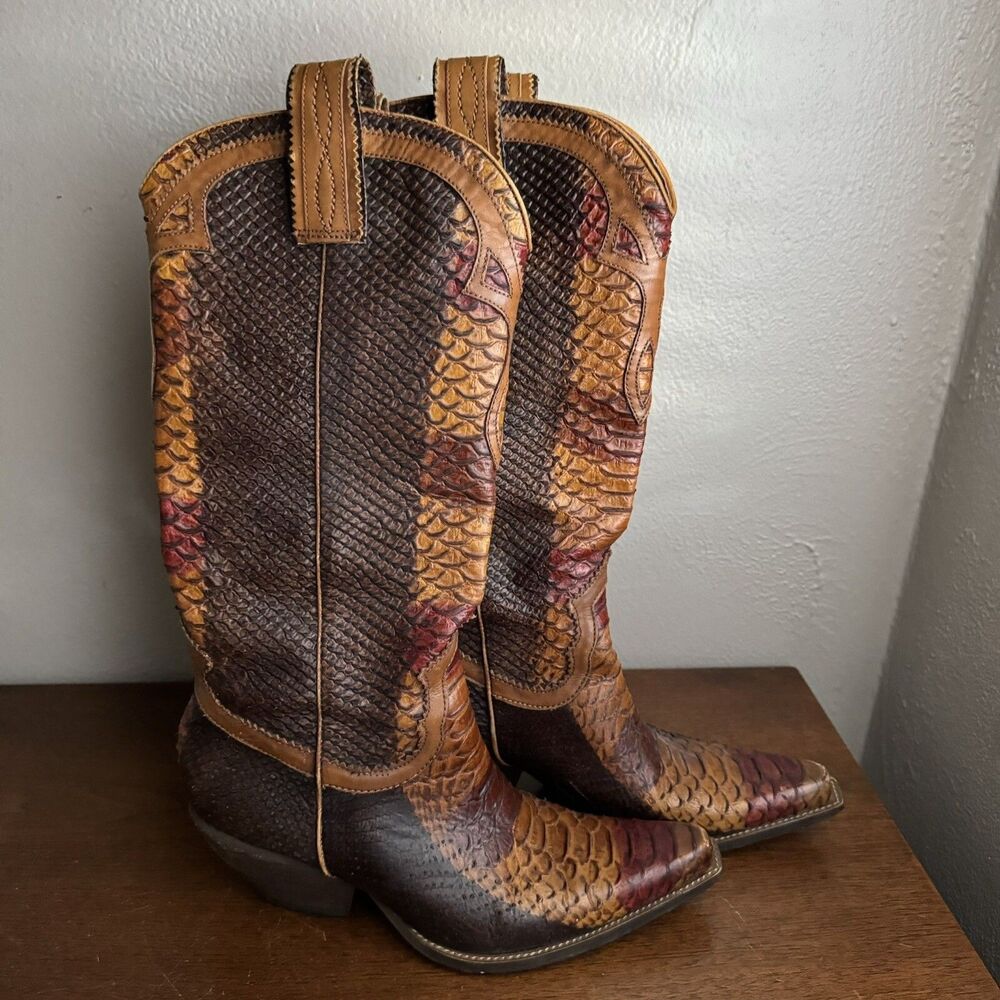 BCBG Girls Snake Skin Leather Cowboy Boots Square Toe Sz 5.5 Brown Orange Red